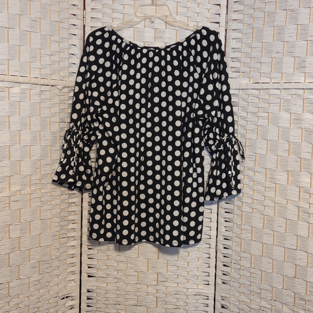 Michael Kors Black and White Polka Dot Blouse Tie Sleeves 1X - Picture 6 of 7